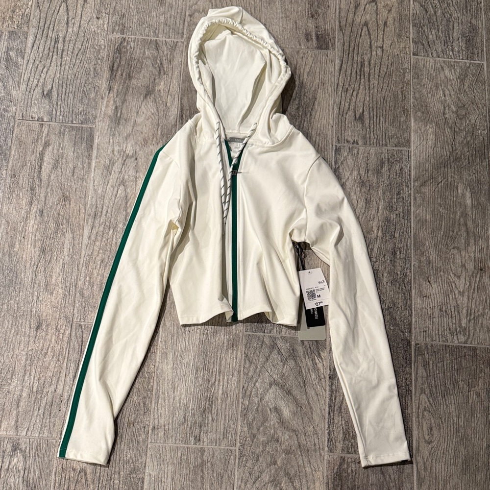 Forever 21 Cream Cropped Hoodie with Green Stripe